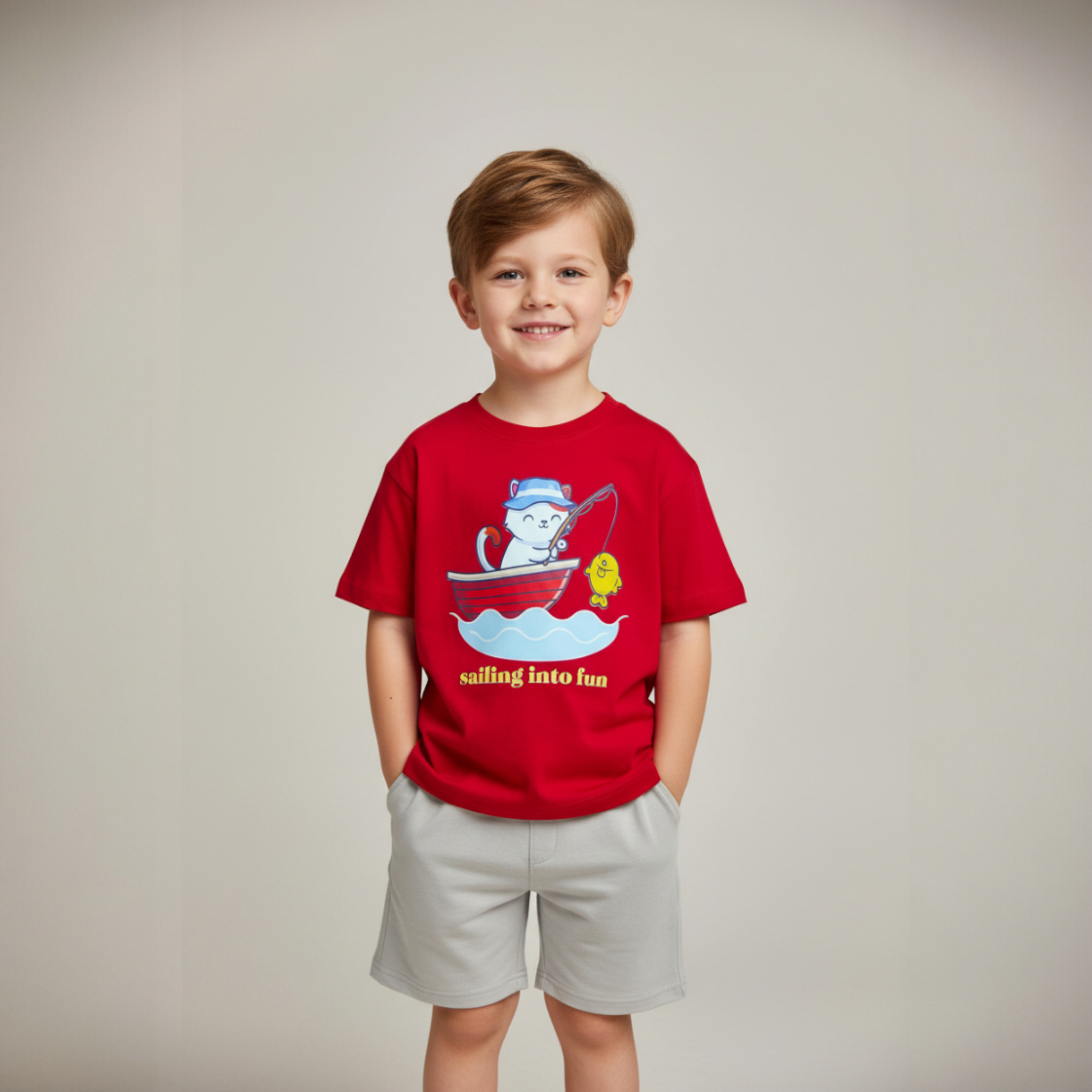 طقم احمر في رمادي فاتح